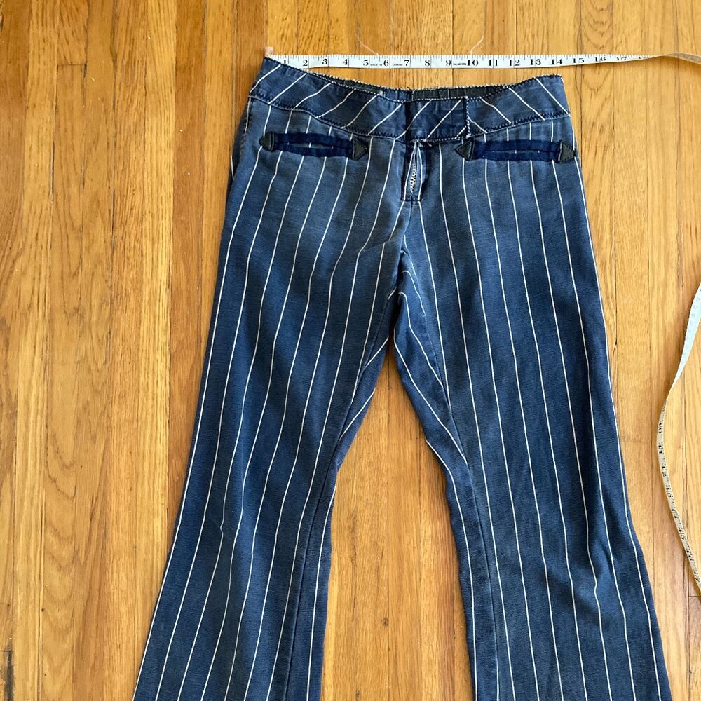 WIDE PINSTRIPED BLUE DENIM PANTS, SIZE SMALL, AGATHA BLOIS CUSTOM LEATHER.